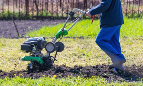 Farmer man plows the land with a cultivator preparing the soil for sowing.